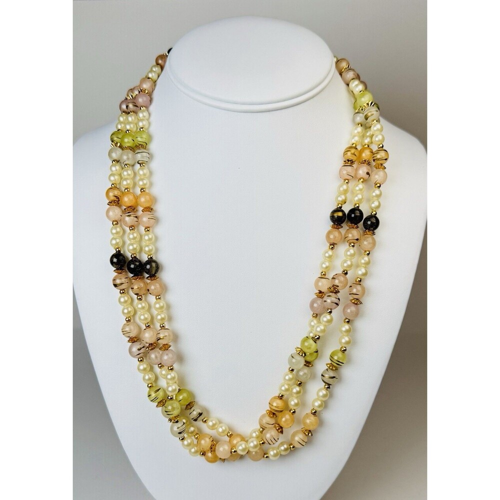Vintage Multicolor Bead & Faux Pearl Necklace 22” Gold Tone Replaced Clasp Japan